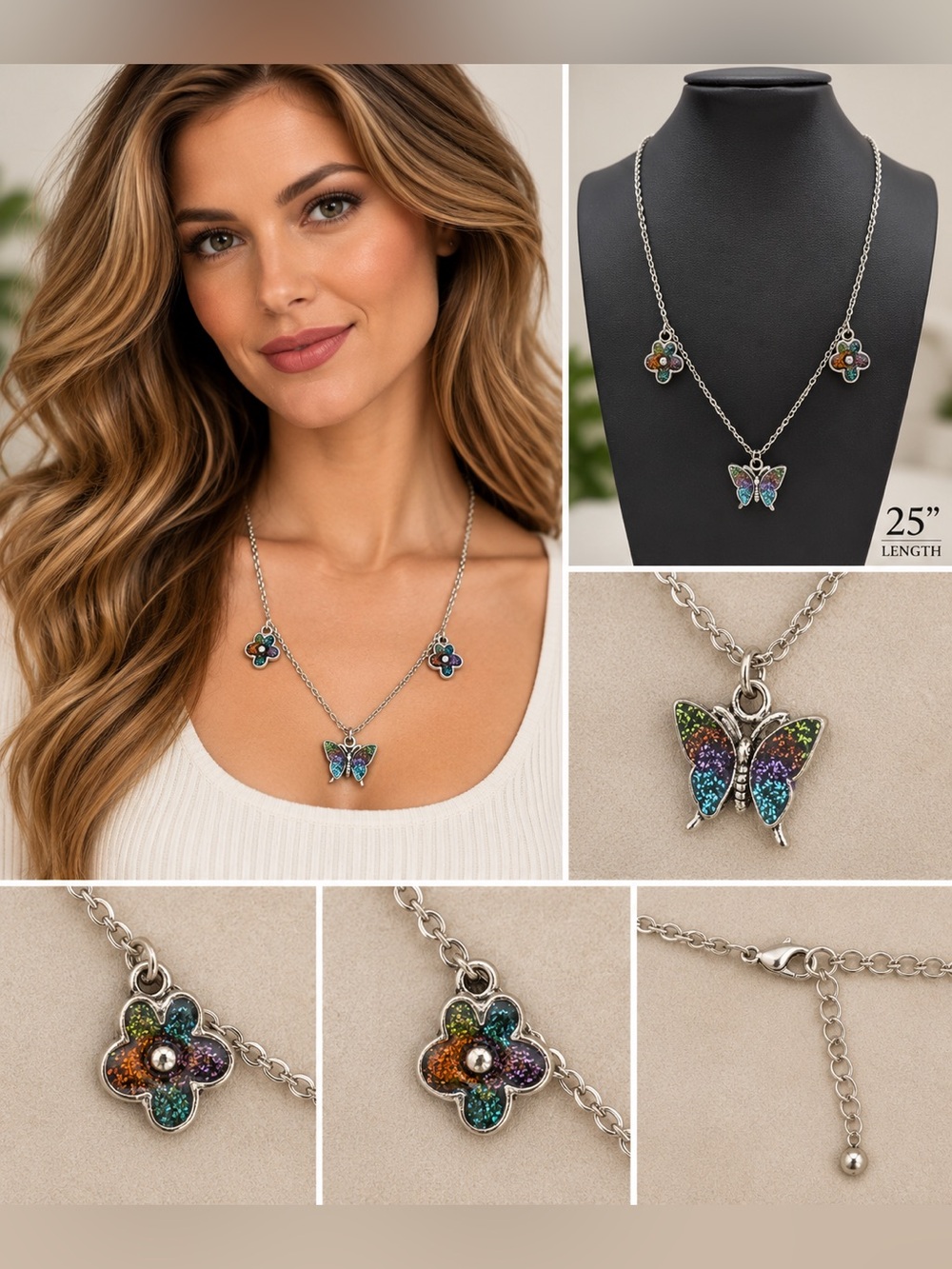Multicolor Butterfly & Flower Pendant Necklace - Women Jewelry